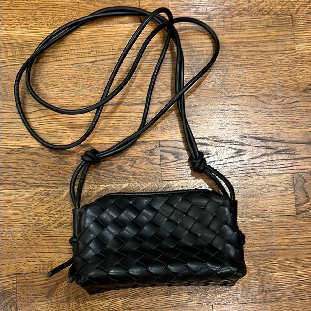 Black Woven Leather Crossbody Bag